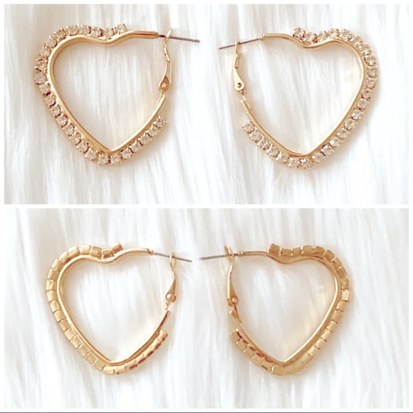 Gold Heart Rhinestone Hoop Earrings - Picture 3 of 5